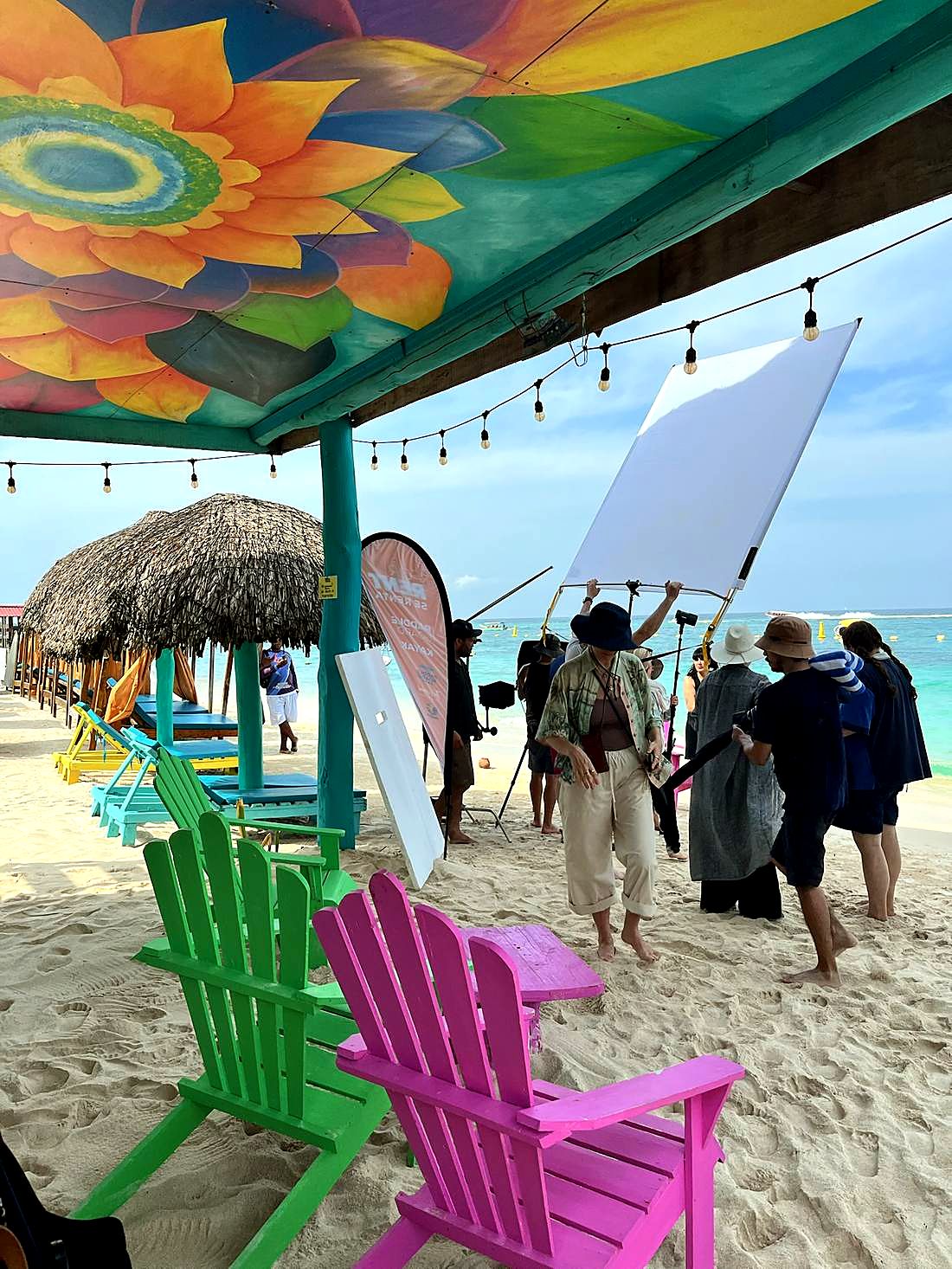 Commercial shoot on a Caribbean beach with lighting setup